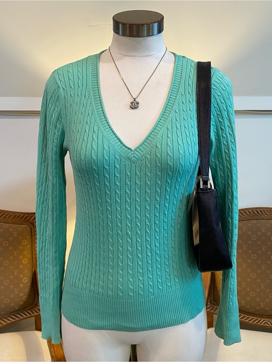 GAP Sweaters - Vintage Gap Mint Green Cotton V-Neck Cable Knit Sweater, Women's Medium, Y2K